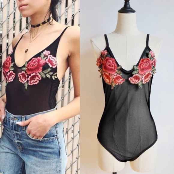 Other - Rose Embroidered Black One Piece Bodysuit Leotard